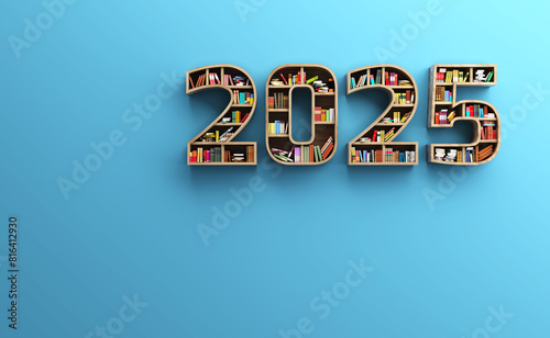 New Year 2025 Creative Design Concept with Book Shelf  - 3D Rendered Image
