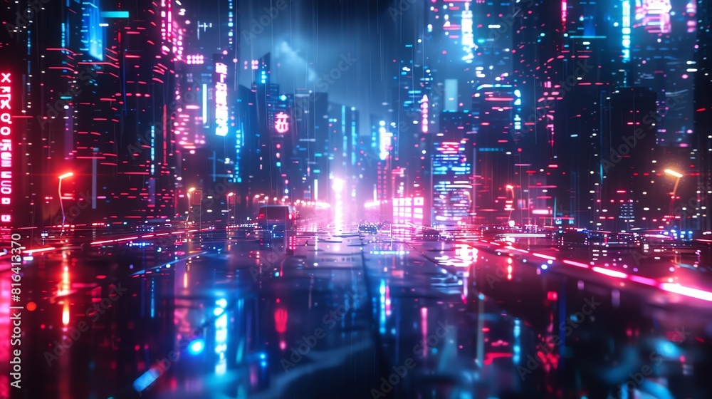 3D wallpaper depicting a futuristic cityscape, front view, Neon glow, digital tone, vivid