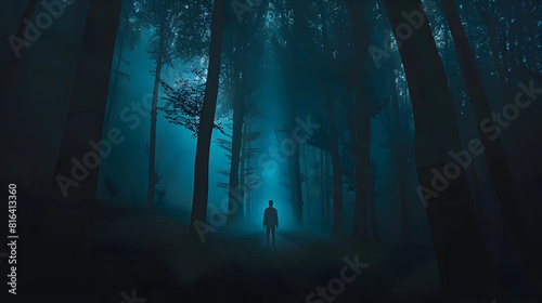 surreal spooky dark forest at night with man silhouette   Generative AI