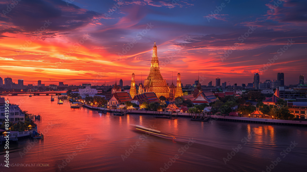 at Arun pagoda at sunset, captured from a riverside hotel overlooking the Chao Phraya River. A picturesque travel destination that encapsulates the essence of Thailand's capital city.