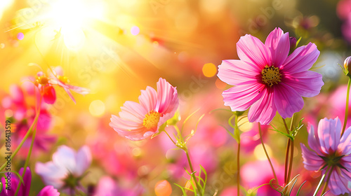 Beautiful cosmos flowers in the field with a sunlight background, with a soft focused and blurred style. A spring meadow full of colorful wildflowers at sunset