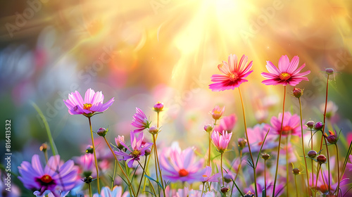 Beautiful cosmos flowers in the field with a sunlight background, with a soft focused and blurred style. A spring meadow full of colorful wildflowers at sunset © Mangata Imagine