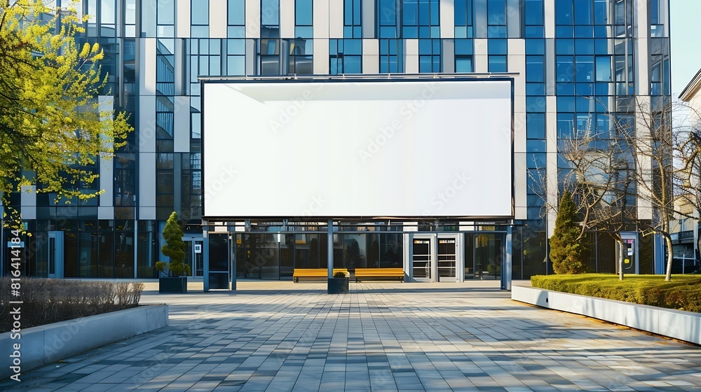 Blank white advertising billboard in front of the modern office building : Generative AI Blank white advertising billboard in front of the modern office building : Generative AI