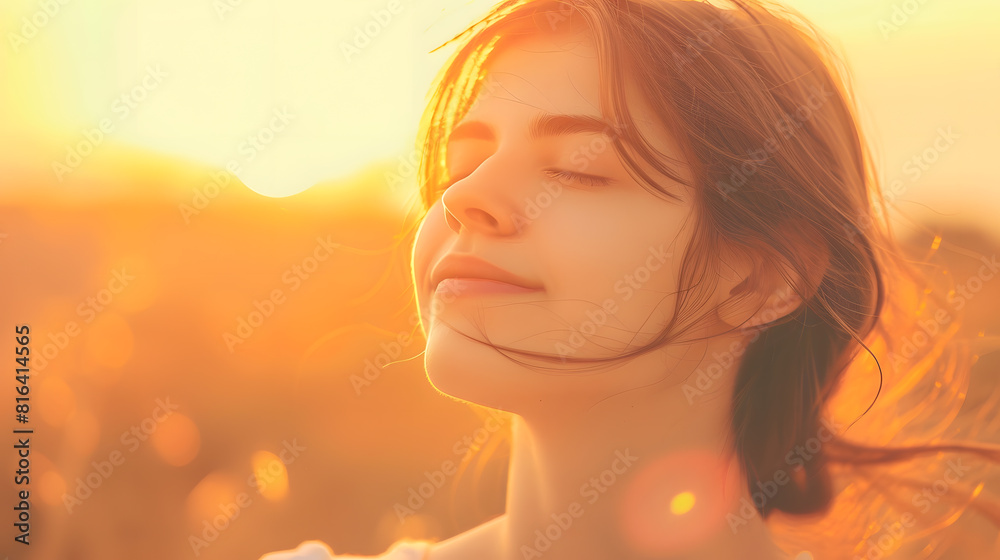 Young woman relaxing in summer sunset sky outdoor People freedom style : Generative AI Young woman relaxing in summer sunset sky outdoor People freedom style : Generative AI