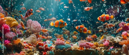 Underwater image of a coral reef with many types of fish.