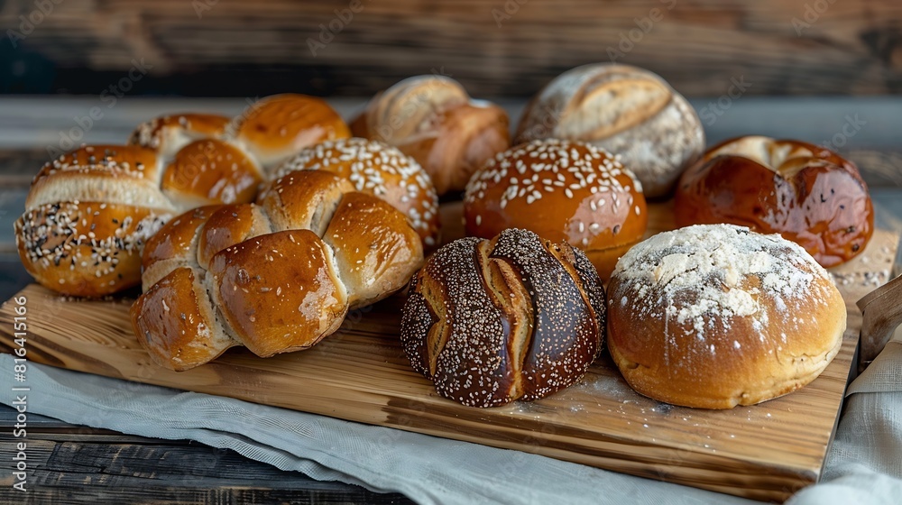 Various buns made from whole grain or plain flour on a wooden board Traditional bakery products Bakery products Bakery : Generative AI Various buns made from whole grain or plain flour on a wooden board Traditional bakery products Bakery products Bakery : Generative AI