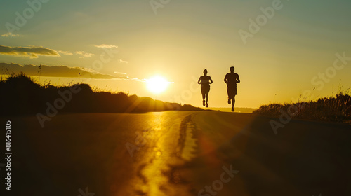 Silhouette of two person running on road go to dream Fitness runner outdoor with sunset background   Generative AI