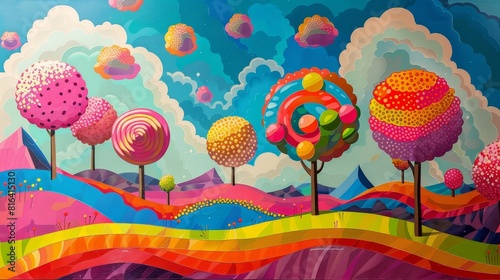 abstract painting of a whimsical digital painting of a colorful landscape