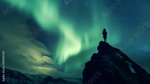 Northern lights and young woman on mountain peak at night Aurora borealis and silhouette of alone girl on top of rock Landscape with polar lights Starry sky with bright aurora Travel b   Generative AI