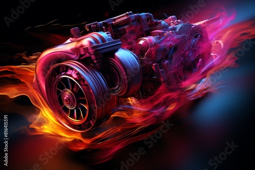 A glowing blue and red engine with flames coming out of it