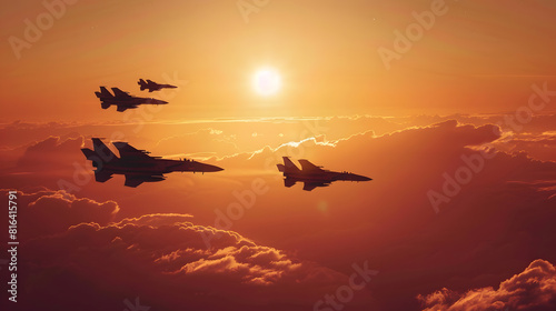 Silhouette of militar aircraft flying over the clouds in amazing sunset : Generative AI