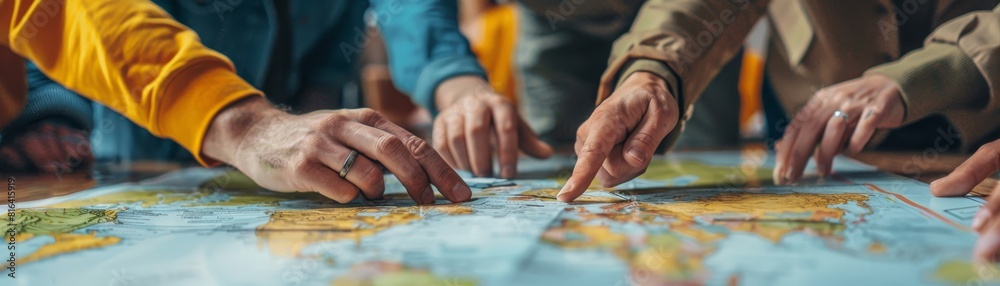 The image shows a group of people of different ethnicities gathered around a world map, with hands pointing at various locations. The image shows a group of people of different ethnicities gathered around a world map, with hands pointing at various locations.