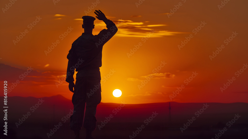 Fototapeta premium Silhouette Of A Soldier Saluting During Sunset : Generative AI