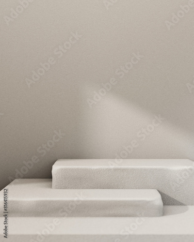 Fototapeta Naklejka Na Ścianę i Meble -  Grey rectangle pedestal or stairs for showcasing products against the grey wall with daylight shadow