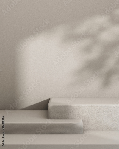 Fototapeta Naklejka Na Ścianę i Meble -  Grey rectangle pedestal or stairs for showcasing products against the grey wall with daylight shadow