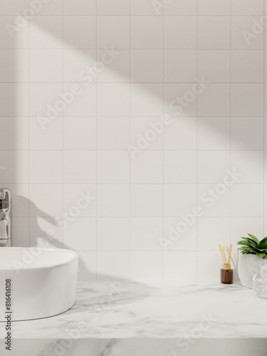 Bild auf Leinwand A luxurious white marble bathroom vanity countertop against the white tile wall