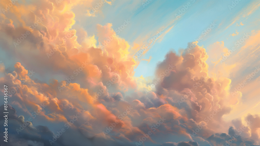 Background of Renaissance cloud sky Painting: Peach, Coral, Golden Clouds at Dawn Against Blue Sky - Beautiful Art Background of Renaissance cloud sky Painting: Peach, Coral, Golden Clouds at Dawn Against Blue Sky - Beautiful Art