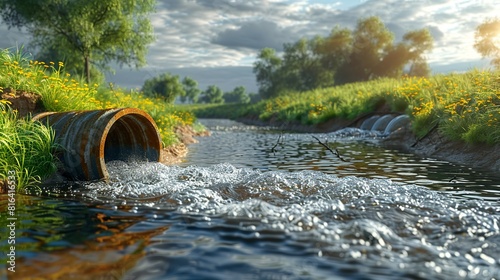 Contaminants, An image of a sewage outflow pipe discharging into a river. Illustration image, Minimal Style, Clean and Clear Color,