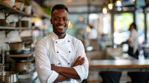 Professional African American male chef wearing chef's white shirt standing with crossed arms, smiling cheerfully in blurred busy restaurant kitchen