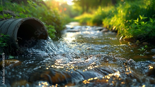Contaminants, An image of a sewage outflow pipe discharging into a river. Illustration image, Minimal Style, Clean and Clear Color,