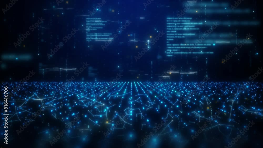 A dynamic digital cyberspace filled with glowing particles and interconnected lines, representing a high-speed data network in a vibrant blue and purple color scheme.