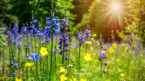 Beautiful meadow with blue agapanthus and yellow Blackeyed susan flowers in sunlight, with rays of sunshine filtering through the trees. Beautiful summer landscape background photo