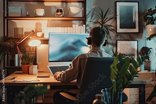 A person is using a tablet while sitting at a workstation in a contemporary living space. Simple and minimalist flat Vector Illustration