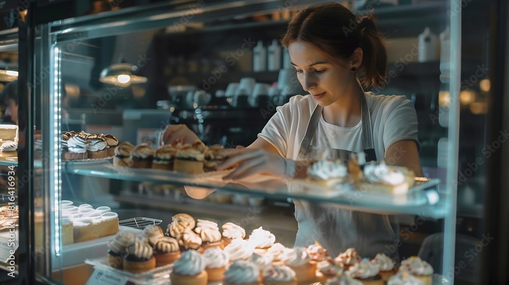 Handsome woman coffee shop employee placing pastry and cake in bakery refrigerator showcase at cafe Small business part time job concept : Generative AI Handsome woman coffee shop employee placing pastry and cake in bakery refrigerator showcase at cafe Small business part time job concept : Generative AI