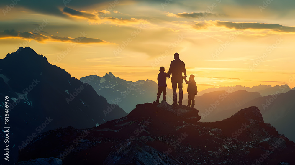 Silhouettes of a singleparent family on a sunset in the mountains : Generative AI