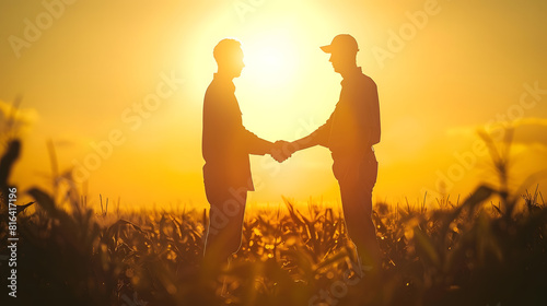 handshake farmer corn business a partnership agriculture concept silhouette two farmers shaking hands conclude contract agreement in field of corn glare sun agriculture business handsh : Generative AI