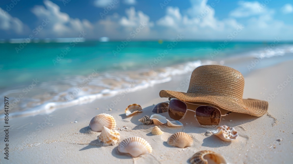 Tasteful beach arrangement of seashells, a stylish hat, and sunglasses, reflecting a perfect blend of nature and fashion Tasteful beach arrangement of seashells, a stylish hat, and sunglasses, reflecting a perfect blend of nature and fashion