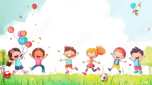 A vibrant cartoon illustration of children playing sports and games together, with space for an energetic Children's Day greeting. 