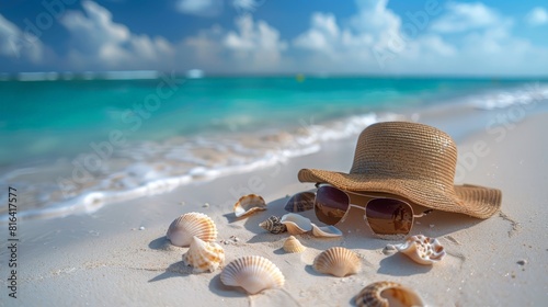 Tasteful beach arrangement of seashells  a stylish hat  and sunglasses  reflecting a perfect blend of nature and fashion