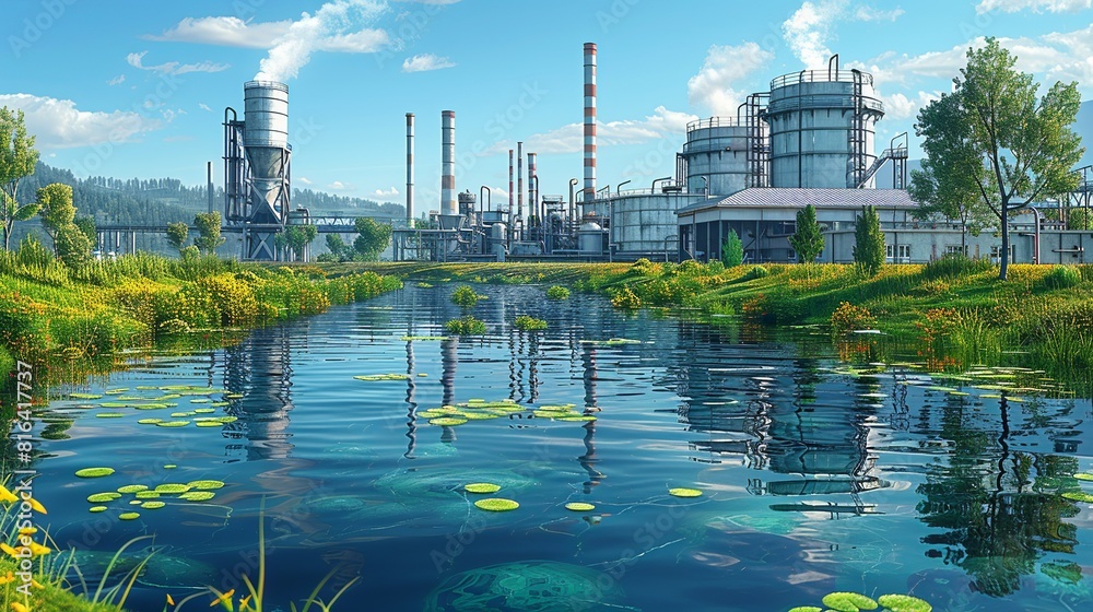 Contaminants, An image of smog hanging over a factory near by river, obscuring the skyline. Illustration image, Minimal Style, Clean and Clear Color, Contaminants, An image of smog hanging over a factory near by river, obscuring the skyline. Illustration image, Minimal Style, Clean and Clear Color,