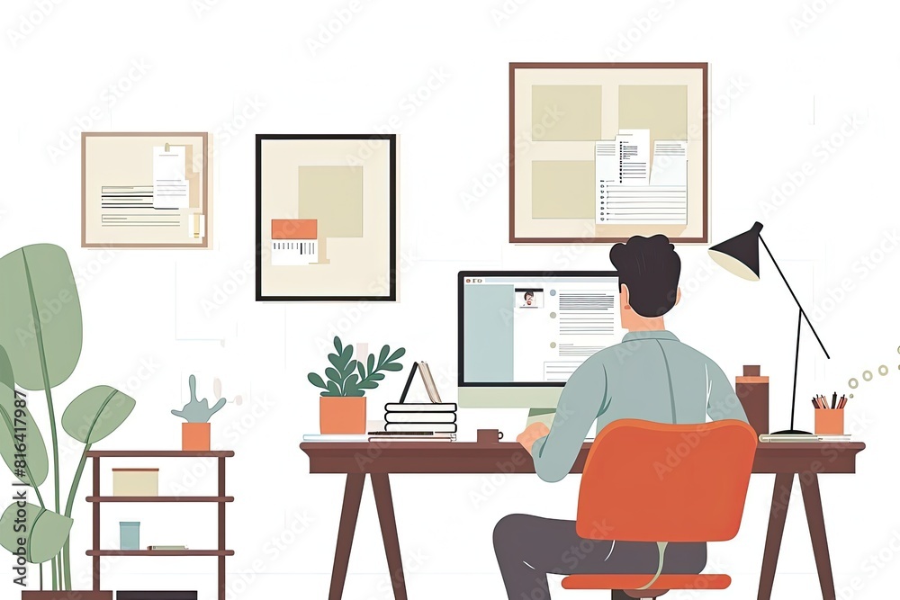 A professional is video conferencing on a computer in a clean and organized study corner. Simple and minimalist flat Vector Illustration A professional is video conferencing on a computer in a clean and organized study corner. Simple and minimalist flat Vector Illustration