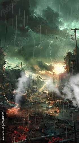 fires burn when it rains and some go out. tense and dark atmosphere.war zone theme background. cartoon and anime style. Wallpaper live. vertical looping and seamless 4k digital illustration video
