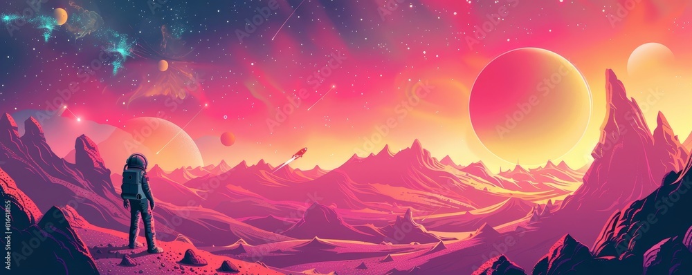 Fototapeta premium An astronaut on a distant planet looks out at a beautiful landscape.