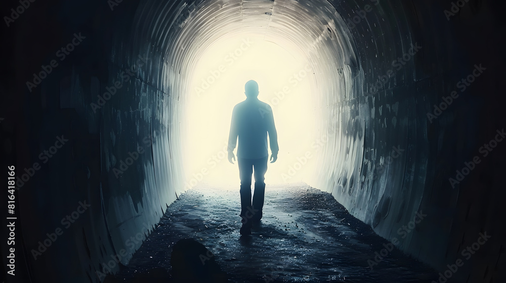 silhouette of man shoulders slumped walking out of a dark tunnel towards a bright light : Generative AI silhouette of man shoulders slumped walking out of a dark tunnel towards a bright light : Generative AI