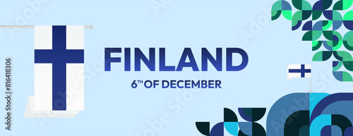 Finland Independence Day banner in geometric style. Colorful modern greeting card for National day of Finland in December. Design background for celebrating National holiday