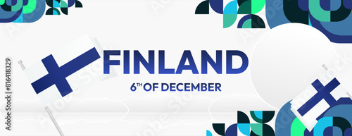 Finland Independence Day banner in geometric style. Colorful modern greeting card for National day of Finland in December. Design background for celebrating National holiday