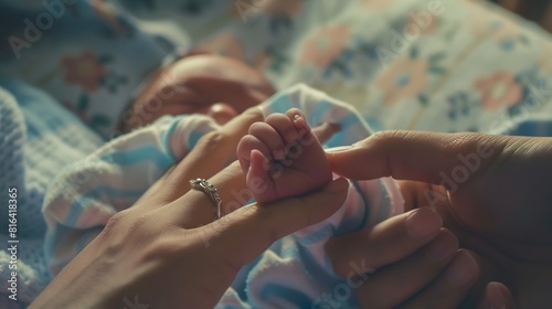 new born baby hand hold mum index finger concept  Premature or preterm baby in hospital relationship between mother and baby : Generative AI photo