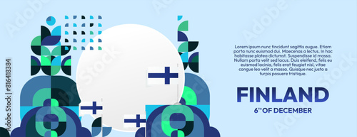Finland Independence Day banner in geometric style. Colorful modern greeting card for National day of Finland in December. Design background for celebrating National holiday