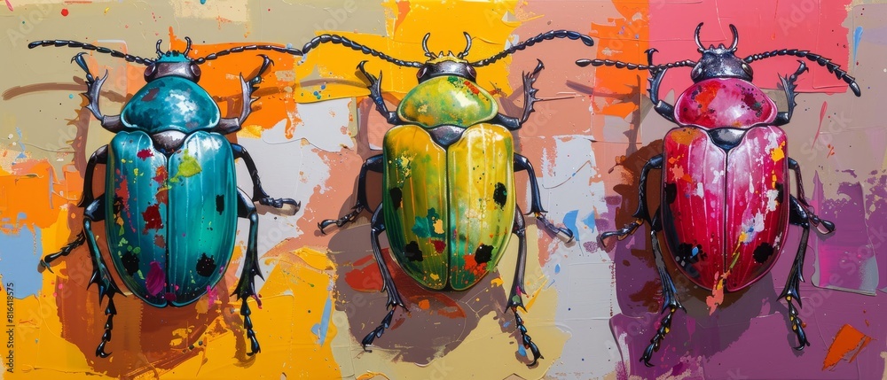 Naklejka premium A painting of three colorful beetles , vibrant color