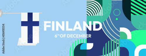 Finland Independence Day banner in geometric style. Colorful modern greeting card for National day of Finland in December. Design background for celebrating National holiday
