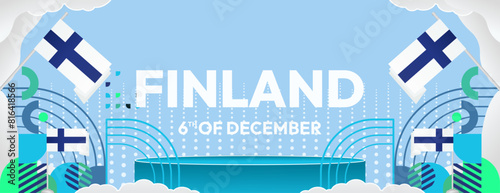Finland Independence Day banner in geometric style. Colorful modern greeting card for National day of Finland in December. Design background for celebrating National holiday