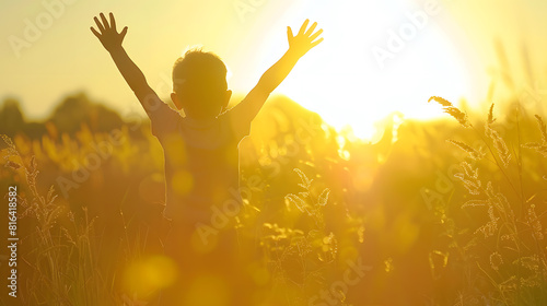 Little boy raising hands over sunset sky enjoying life and nature Happy Kid on summer field looking on sun Silhouette of male child in sunlight rays Fresh air environment concept Dream   Generative AI