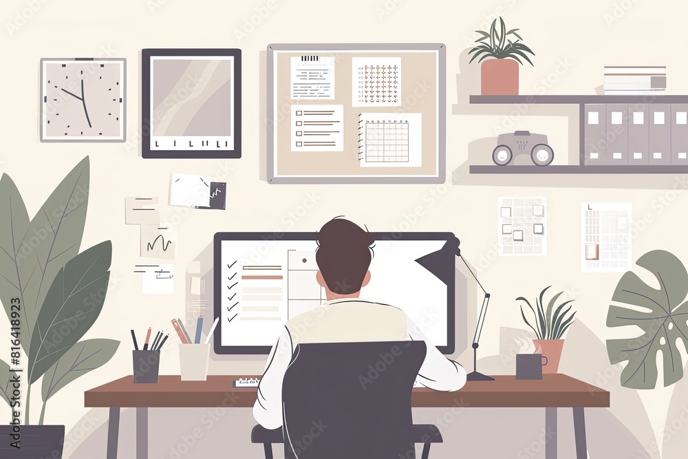 Fototapeta premium A project manager is organizing tasks at a workstation in a serene and efficient home office setup. Simple and minimalist flat Vector Illustration
