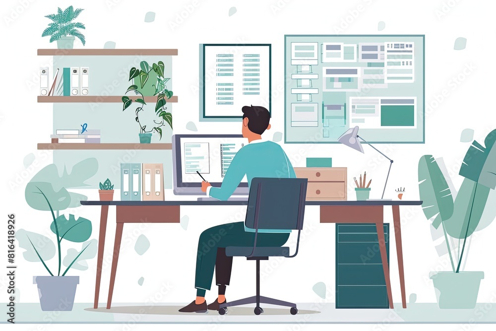 A project manager is organizing tasks at a workstation in a serene and efficient home office setup. Simple and minimalist flat Vector Illustration A project manager is organizing tasks at a workstation in a serene and efficient home office setup. Simple and minimalist flat Vector Illustration