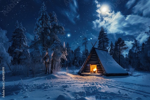 Photo of A traditional Sami smokehouse in the lapland forest, winter night with full moon and stars, snowy landscape, real photo taken photo