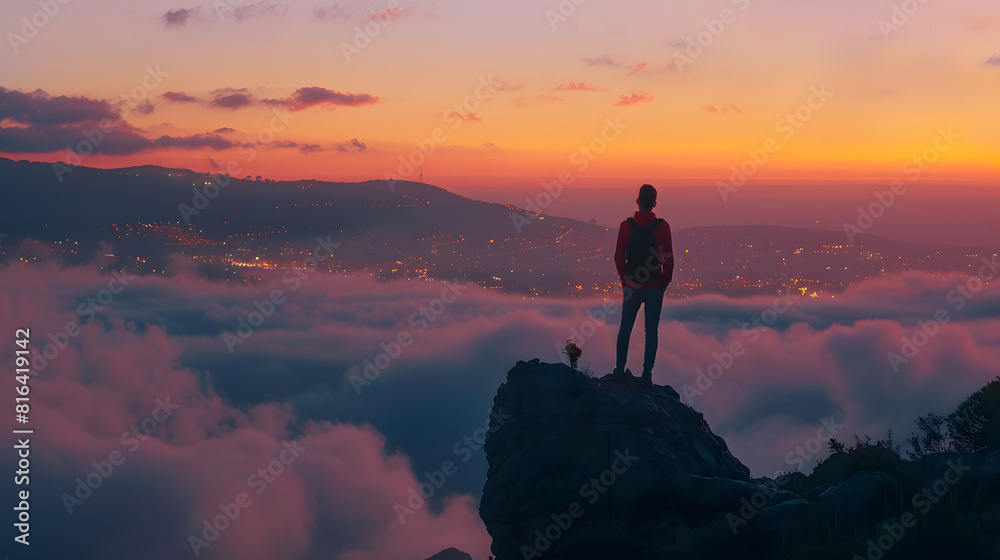 Back view of silhouette of male tourist standing on top of rock and enjoying beautiful sunset over city covered with fog and clouds during travel in Spain : Generative AI